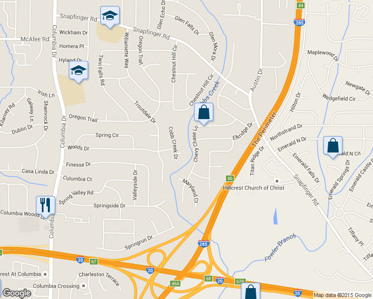 map of restaurants, bars, coffee shops, grocery stores, and more near 3646 Cobb Creek Circle in Decatur