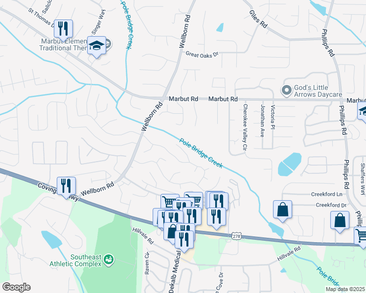 map of restaurants, bars, coffee shops, grocery stores, and more near 2227 Lowtrail Court in Lithonia