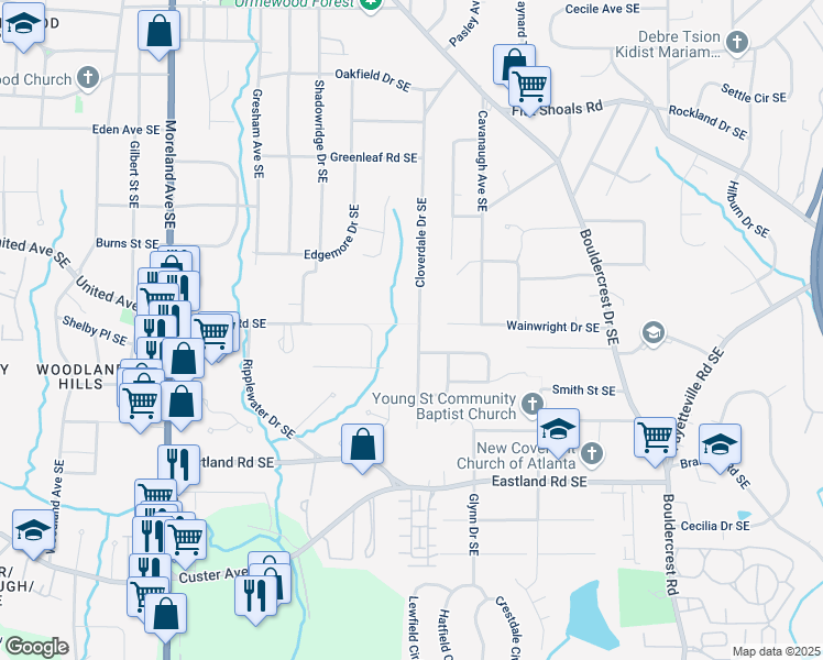 map of restaurants, bars, coffee shops, grocery stores, and more near 2277 Cloverdale Drive Southeast in Atlanta