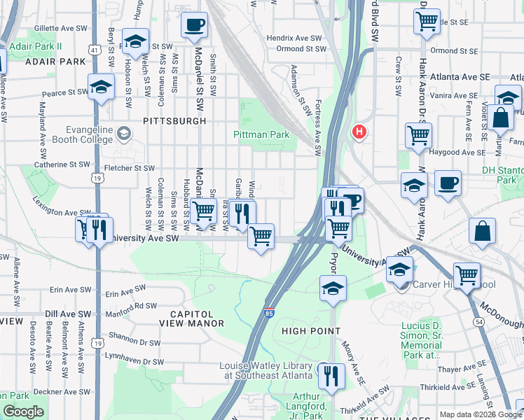 map of restaurants, bars, coffee shops, grocery stores, and more near 1162 Booker Avenue Southwest in Atlanta