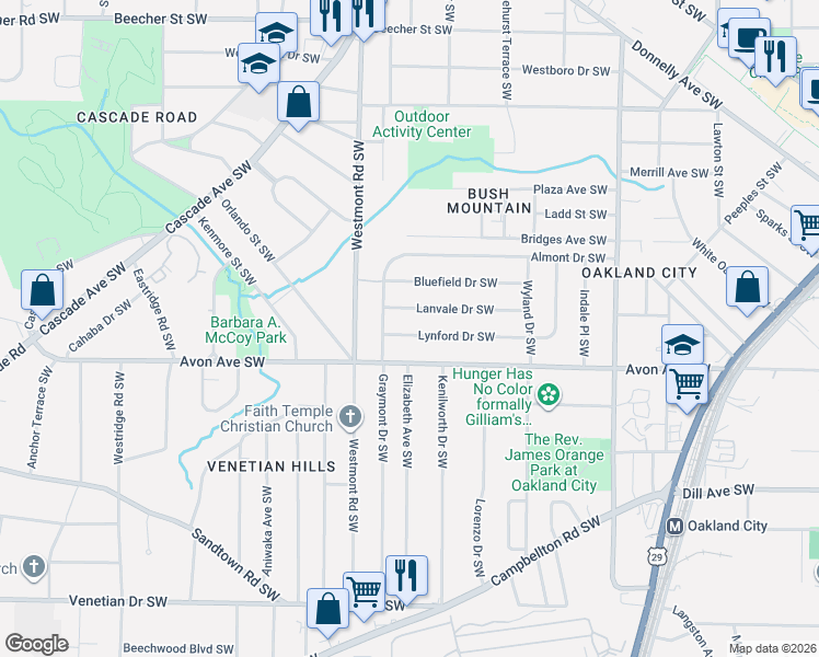 map of restaurants, bars, coffee shops, grocery stores, and more near 1436 Lynford Drive Southwest in Atlanta