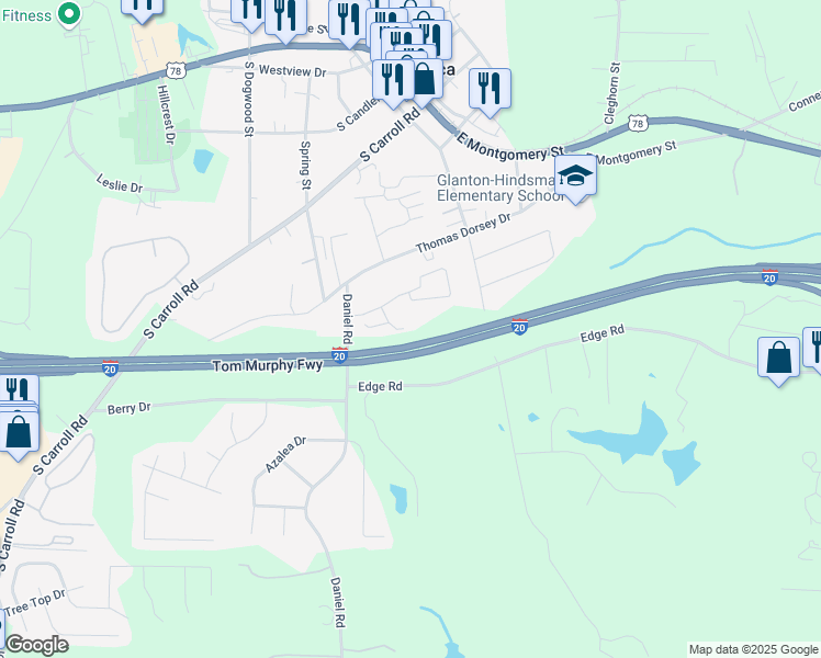map of restaurants, bars, coffee shops, grocery stores, and more near 324 Reedell Way in Villa Rica