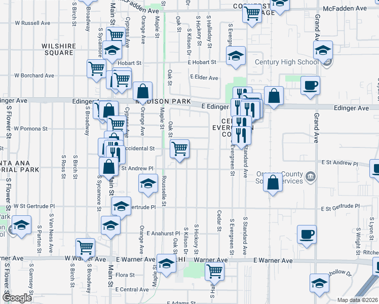 map of restaurants, bars, coffee shops, grocery stores, and more near 1918 South Hickory Street in Santa Ana