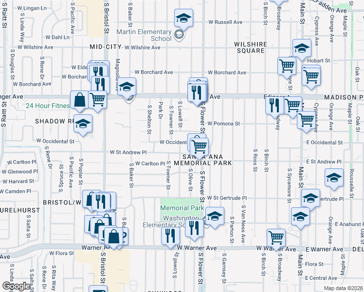 map of restaurants, bars, coffee shops, grocery stores, and more near 2002 South Lowell Street in Santa Ana