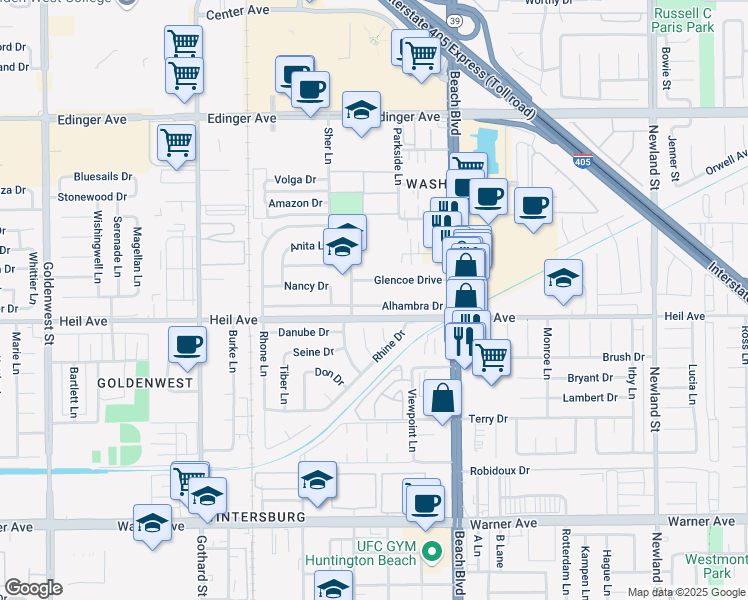 map of restaurants, bars, coffee shops, grocery stores, and more near 7772 Alhambra Drive in Huntington Beach