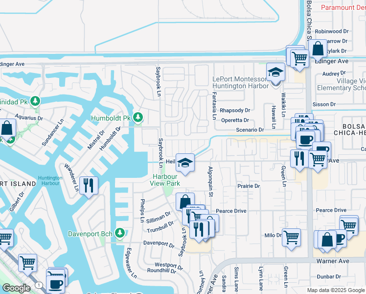 map of restaurants, bars, coffee shops, grocery stores, and more near 16406 Surfside Avenue in Huntington Beach