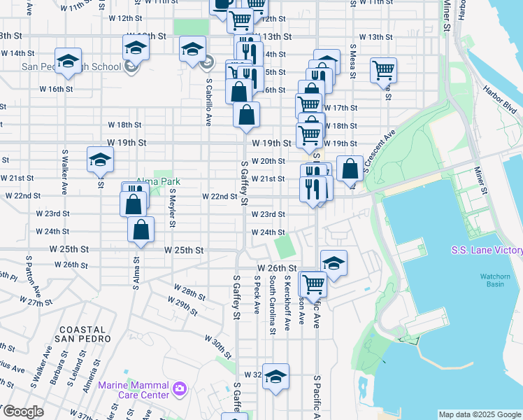map of restaurants, bars, coffee shops, grocery stores, and more near 657 West 23rd Street in Los Angeles