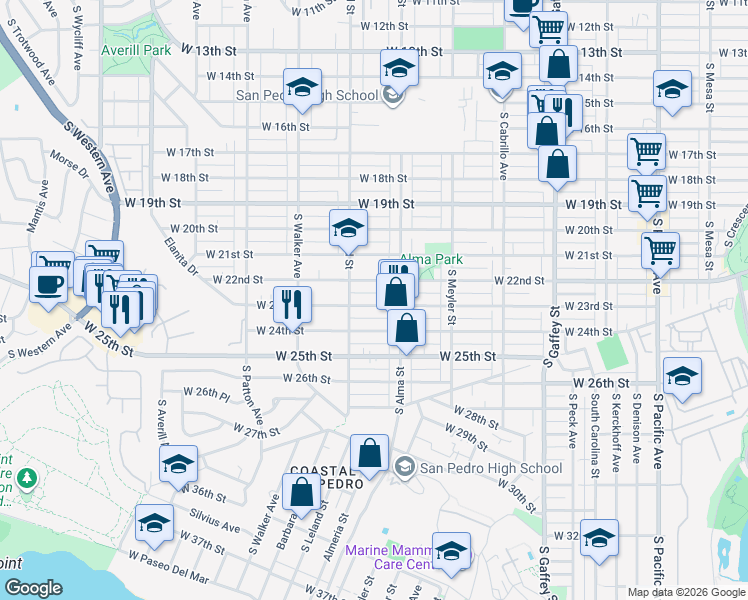 map of restaurants, bars, coffee shops, grocery stores, and more near 1061 West 23rd Street in Los Angeles