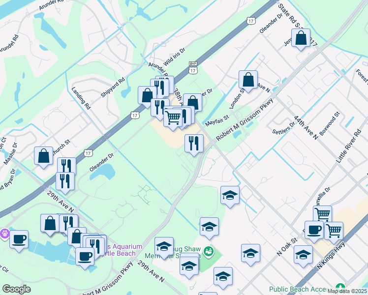 map of restaurants, bars, coffee shops, grocery stores, and more near 3533 Alexandria Avenue in Myrtle Beach