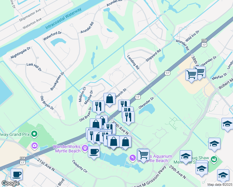 map of restaurants, bars, coffee shops, grocery stores, and more near 3004 Church Street in Myrtle Beach