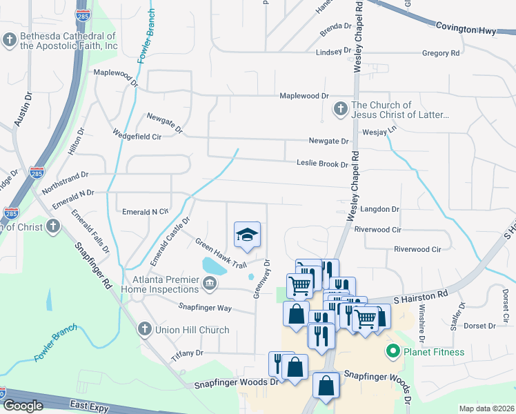 map of restaurants, bars, coffee shops, grocery stores, and more near 4145 Emerald North Drive in Decatur