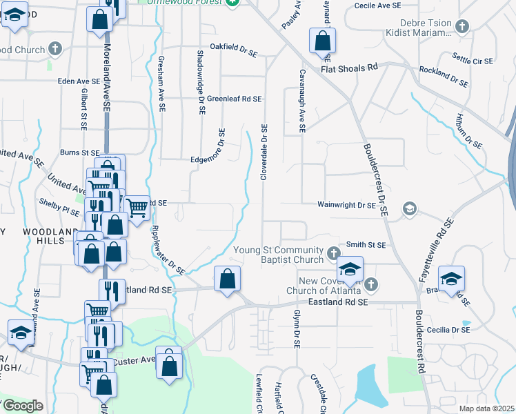 map of restaurants, bars, coffee shops, grocery stores, and more near 2277 Cloverdale Drive Southeast in Atlanta