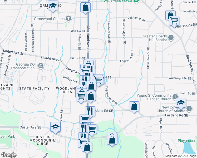 map of restaurants, bars, coffee shops, grocery stores, and more near 1160 Moreland Avenue Southeast in Atlanta