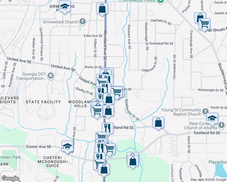 map of restaurants, bars, coffee shops, grocery stores, and more near 1160 Moreland Avenue Southeast in Atlanta