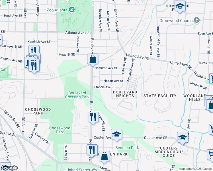 map of restaurants, bars, coffee shops, grocery stores, and more near 1142 Lonetia Street Southeast in Atlanta