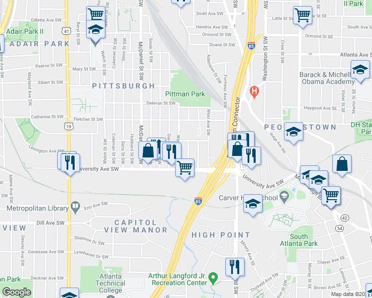 map of restaurants, bars, coffee shops, grocery stores, and more near 1162 Booker Avenue Southwest in Atlanta