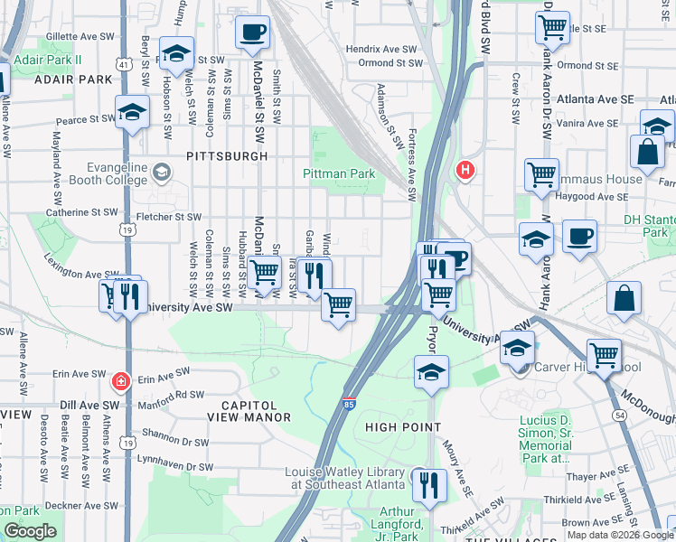 map of restaurants, bars, coffee shops, grocery stores, and more near 1162 Booker Avenue Southwest in Atlanta
