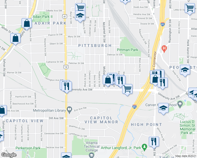map of restaurants, bars, coffee shops, grocery stores, and more near 1169 McDaniel Street Southwest in Atlanta