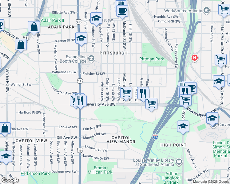 map of restaurants, bars, coffee shops, grocery stores, and more near 1171 Sims Street Southwest in Atlanta