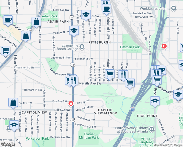map of restaurants, bars, coffee shops, grocery stores, and more near 1165 Welch Street Southwest in Atlanta