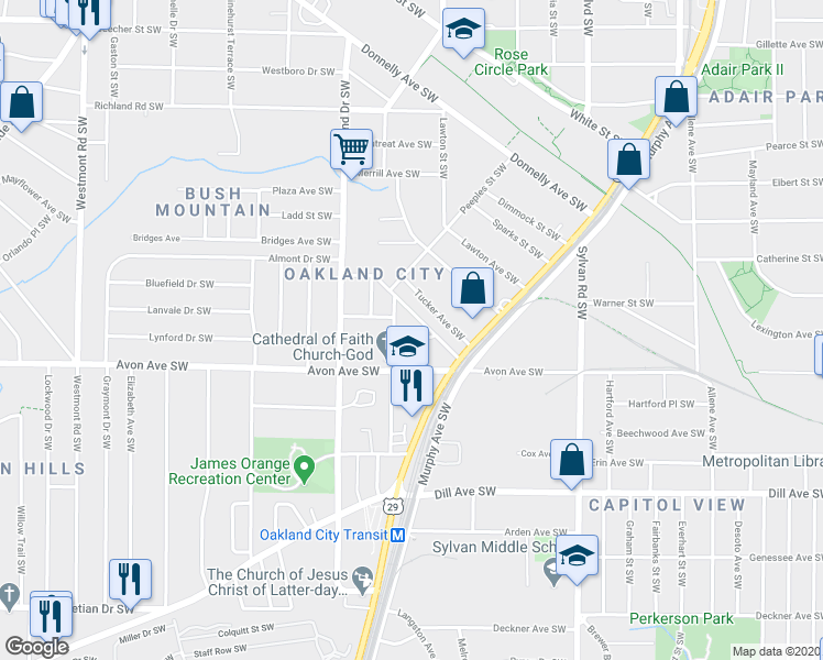 map of restaurants, bars, coffee shops, grocery stores, and more near 1116 Larosa Terrace Southwest in Atlanta