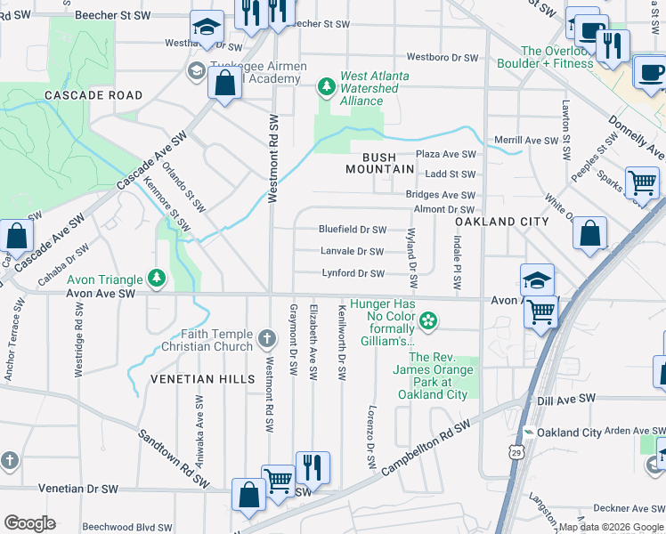 map of restaurants, bars, coffee shops, grocery stores, and more near 1436 Lynford Drive Southwest in Atlanta