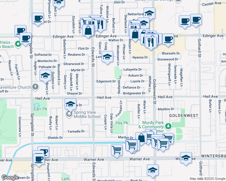 map of restaurants, bars, coffee shops, grocery stores, and more near 16422 Lakemont Lane in Huntington Beach
