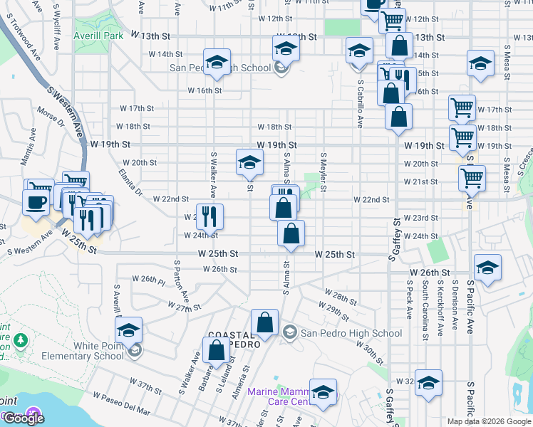 map of restaurants, bars, coffee shops, grocery stores, and more near 1054 West 23rd Street in Los Angeles