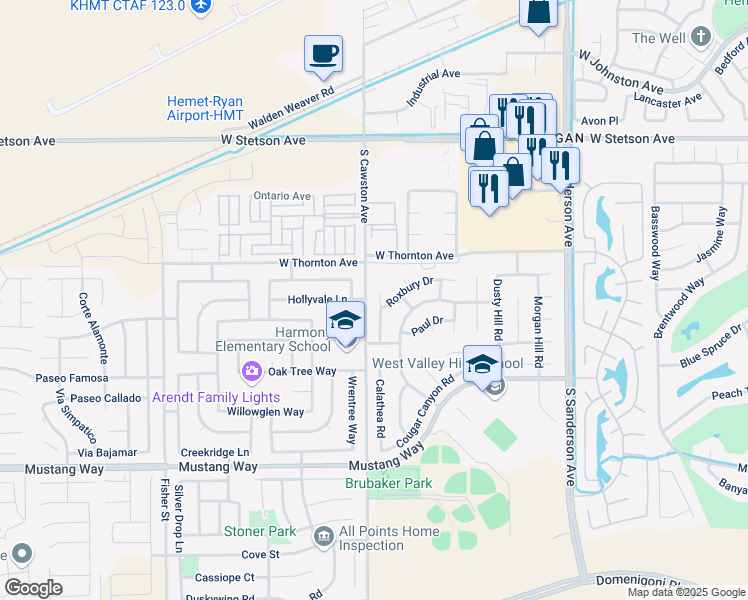 map of restaurants, bars, coffee shops, grocery stores, and more near 1419 Nolette Avenue in Hemet