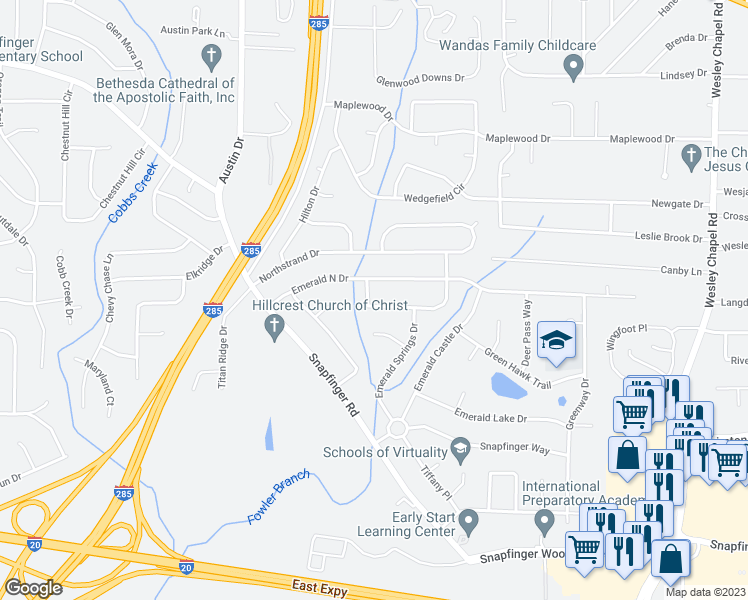 map of restaurants, bars, coffee shops, grocery stores, and more near 3930 Emerald North Circle in Decatur
