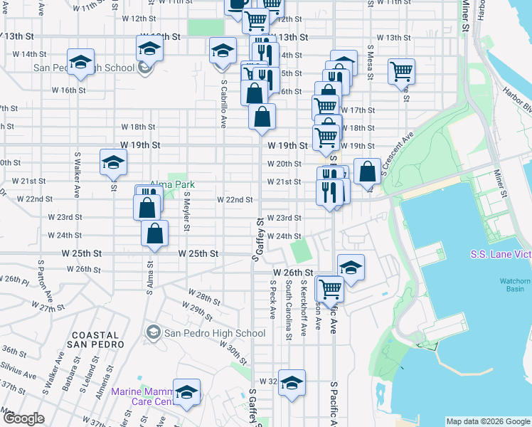 map of restaurants, bars, coffee shops, grocery stores, and more near 684 West 23rd Street in Los Angeles