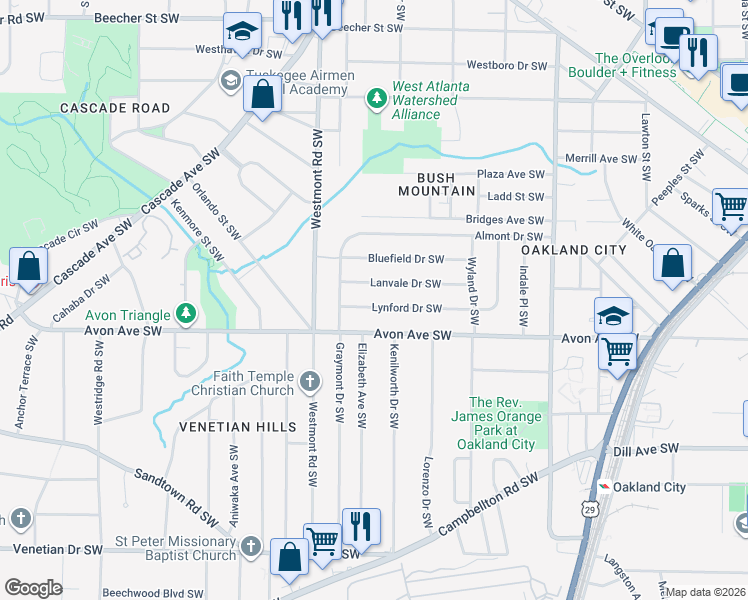 map of restaurants, bars, coffee shops, grocery stores, and more near 1435 Lynford Drive Southwest in Atlanta
