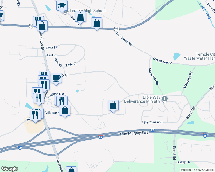map of restaurants, bars, coffee shops, grocery stores, and more near 121 Breckenridge Pointe in Temple
