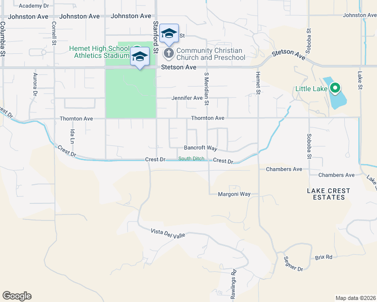 map of restaurants, bars, coffee shops, grocery stores, and more near 27485 Bancroft Way in Hemet