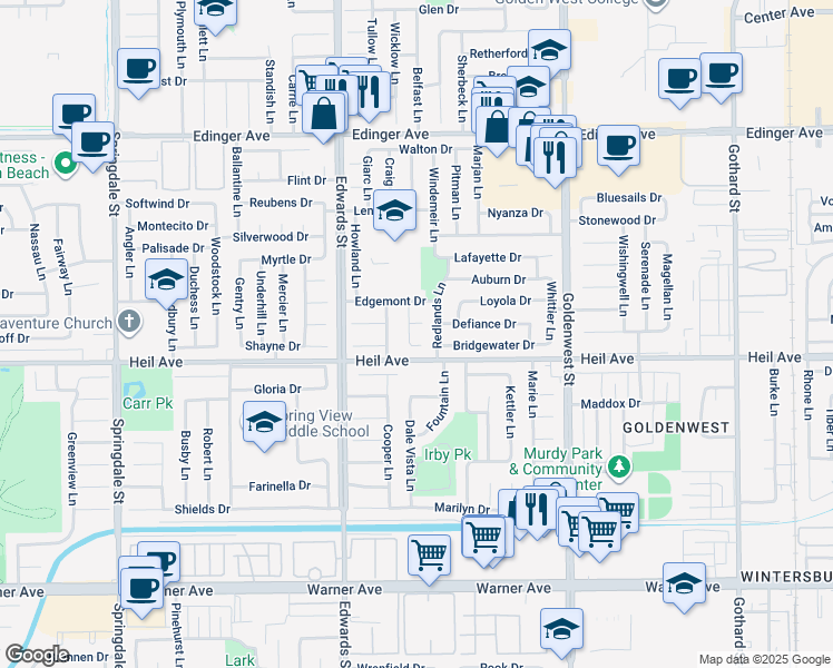 map of restaurants, bars, coffee shops, grocery stores, and more near 16422 Lakemont Lane in Huntington Beach