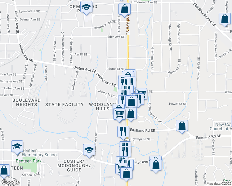map of restaurants, bars, coffee shops, grocery stores, and more near 1121 Shelby Place Southeast in Atlanta