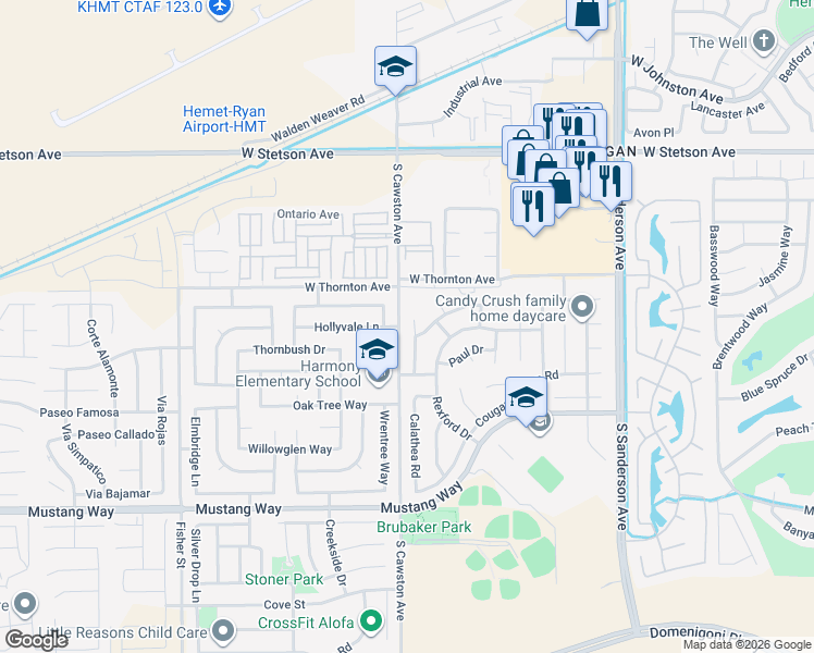 map of restaurants, bars, coffee shops, grocery stores, and more near 1419 Nolette Avenue in Hemet