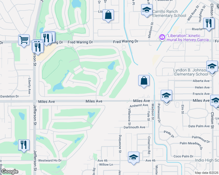 map of restaurants, bars, coffee shops, grocery stores, and more near 44391 Royal Lytham Drive in Indio