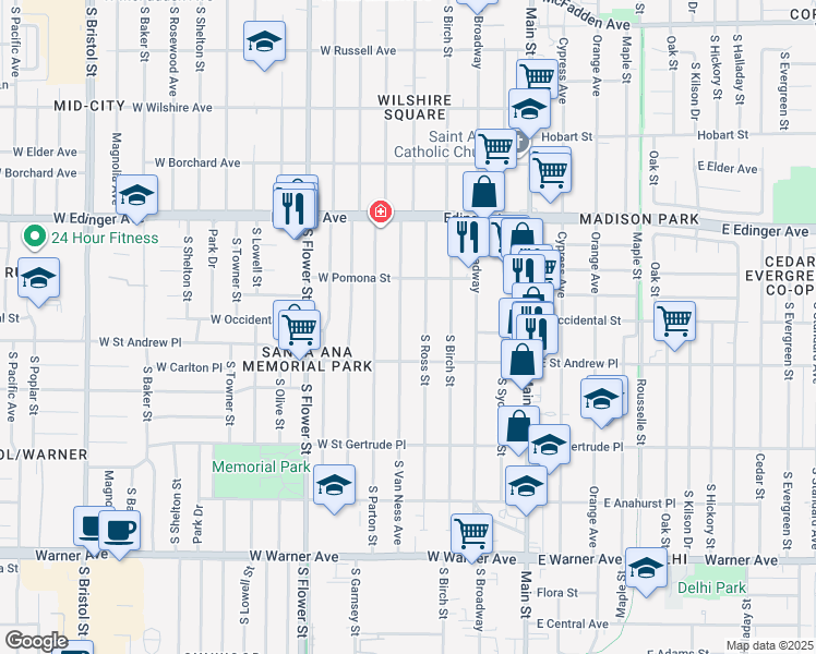 map of restaurants, bars, coffee shops, grocery stores, and more near 1817 South Van Ness Avenue in Santa Ana