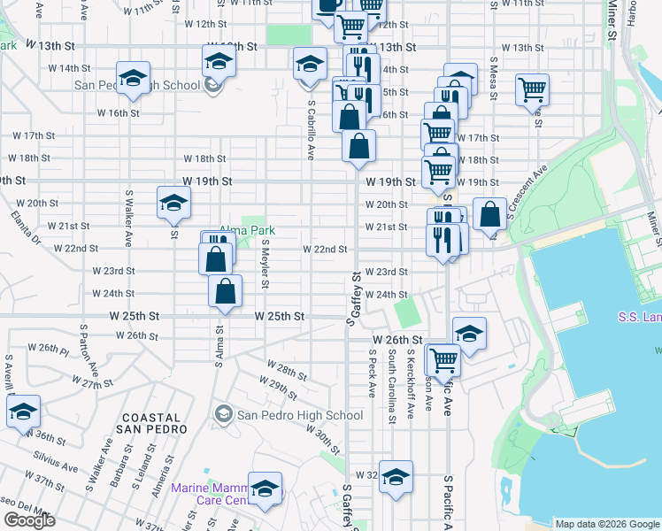 map of restaurants, bars, coffee shops, grocery stores, and more near 752 West 23rd Street in Los Angeles