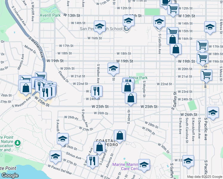map of restaurants, bars, coffee shops, grocery stores, and more near 1108 West 23rd Street in Los Angeles