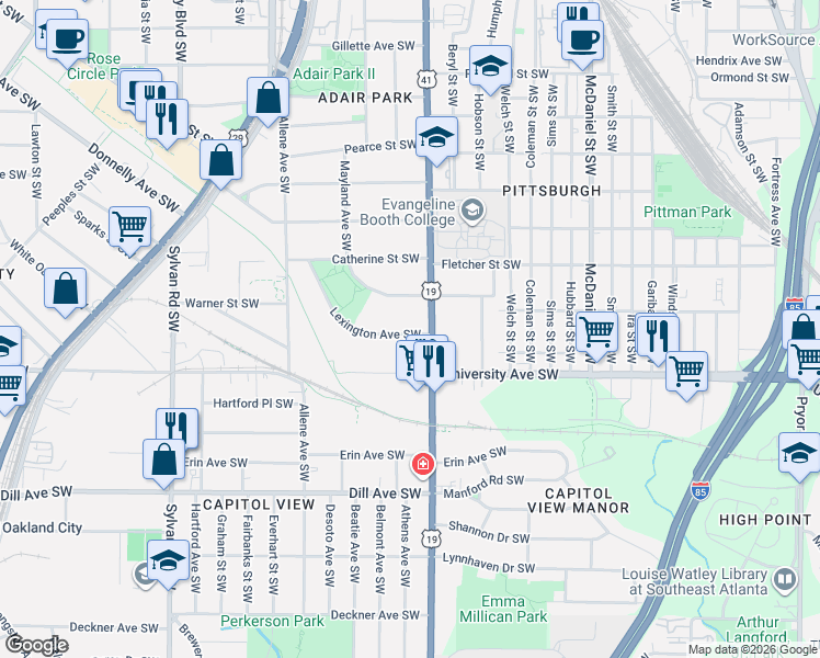 map of restaurants, bars, coffee shops, grocery stores, and more near 645 Lexington Avenue Southwest in Atlanta
