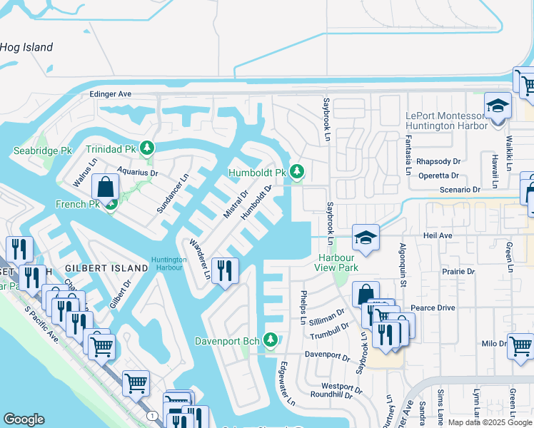 map of restaurants, bars, coffee shops, grocery stores, and more near 16452 Barnstable Circle in Huntington Beach