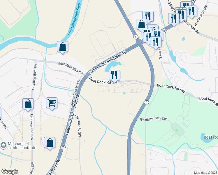 map of restaurants, bars, coffee shops, grocery stores, and more near 1104 Westchase Cove Southwest in Atlanta