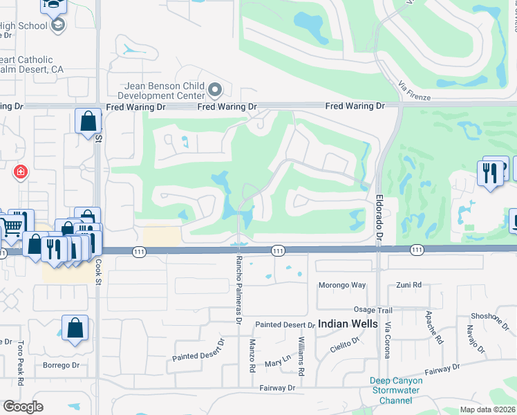 map of restaurants, bars, coffee shops, grocery stores, and more near 44979 Saint Helena Court in Indian Wells