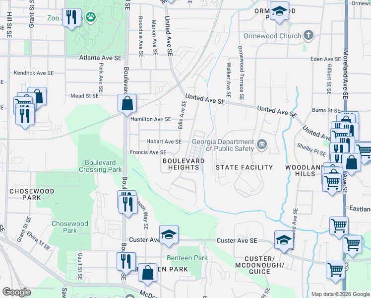 map of restaurants, bars, coffee shops, grocery stores, and more near 1167 Rambler Cross in Atlanta