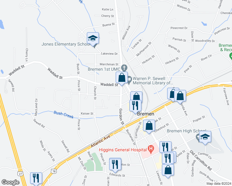 map of restaurants, bars, coffee shops, grocery stores, and more near 107 Bryan Street in Bremen
