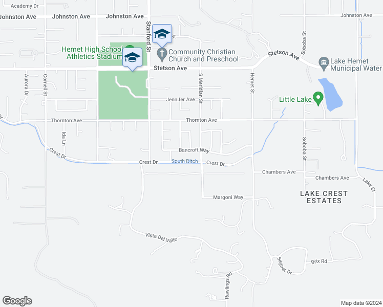 map of restaurants, bars, coffee shops, grocery stores, and more near 27539 Bancroft Way in Hemet