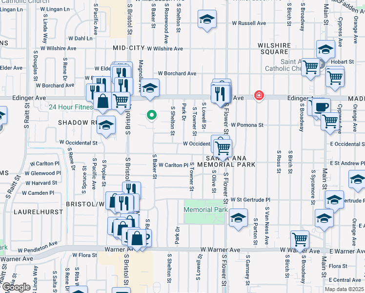 map of restaurants, bars, coffee shops, grocery stores, and more near 1034-1038 West Saint Andrew Place in Santa Ana