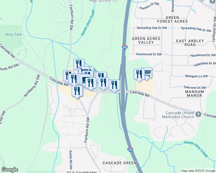 map of restaurants, bars, coffee shops, grocery stores, and more near 3515 Cascade Road in Atlanta